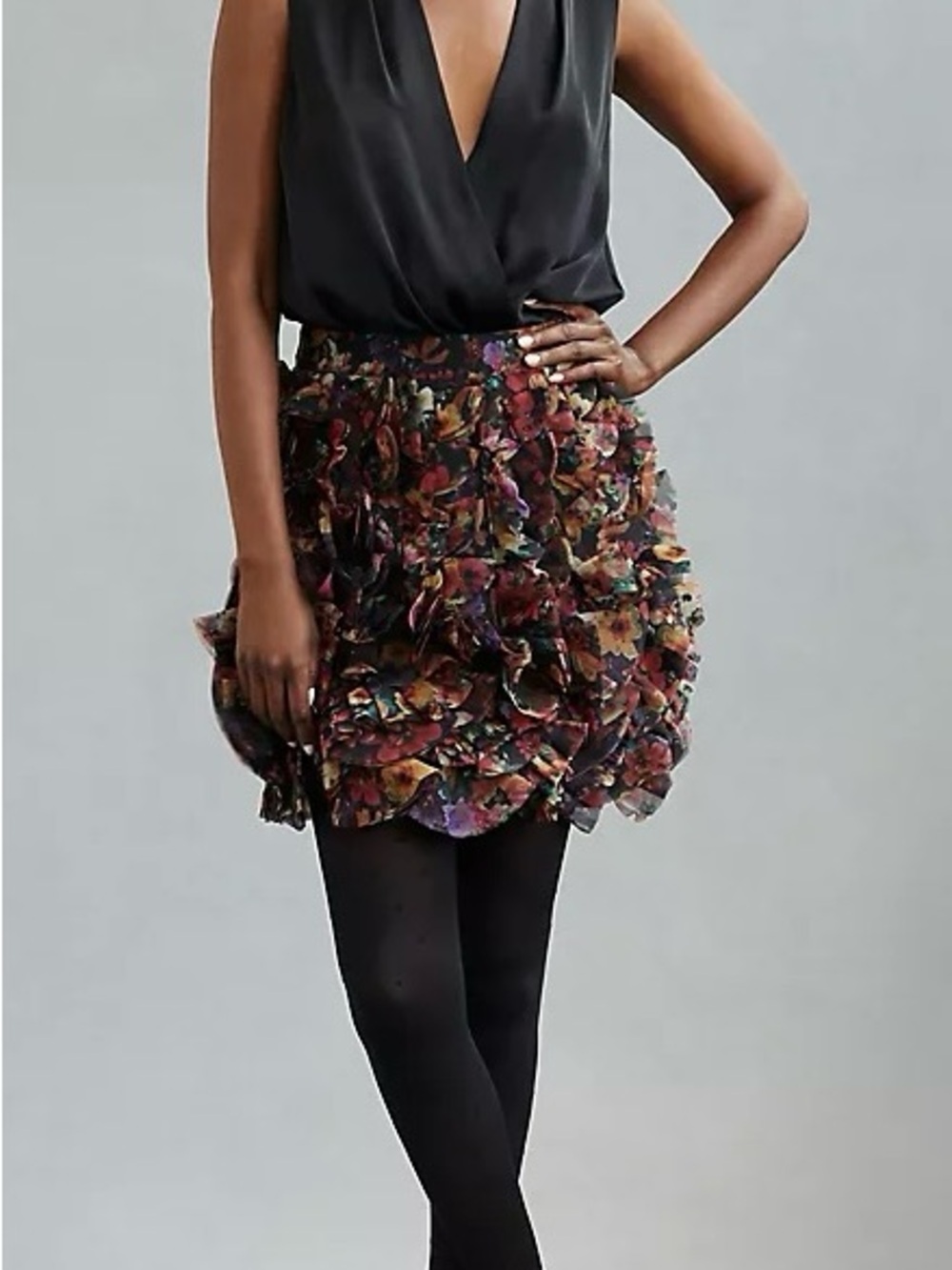 Anthropologie Floral Layered Ruffle Midi Skirt - Black Multi - Picture 2 of 4